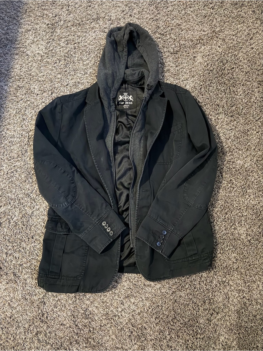 Express Black Men's Layered Jacket with Dark Gray Hood